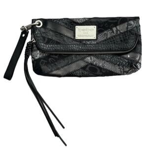 Bebe Multi Textured Black Leather Large Zip Clutch Wrist Strap Tassel Zip 7x13”